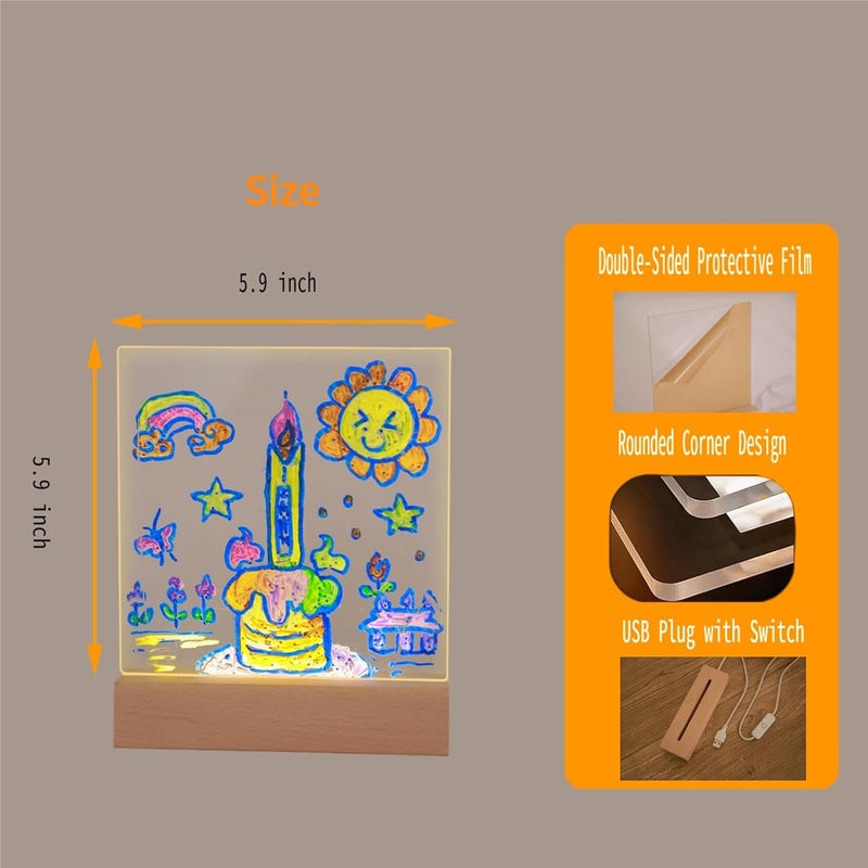 FRELWIM لوحة ملاحظات LED دافئة بحجم 5.9 × 5.9 بوصة مع ألوان، لوحة رسم وكتابة قابلة للمسح الجاف من الأكريليك الشفاف مع حامل - Image 2
